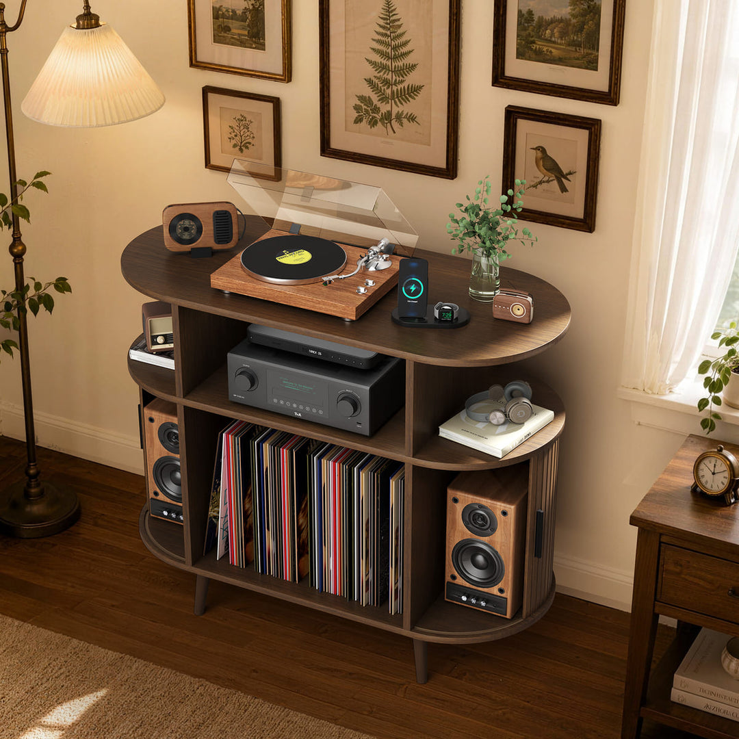Curved Fluted Record Player Stand with Vinyl Storage