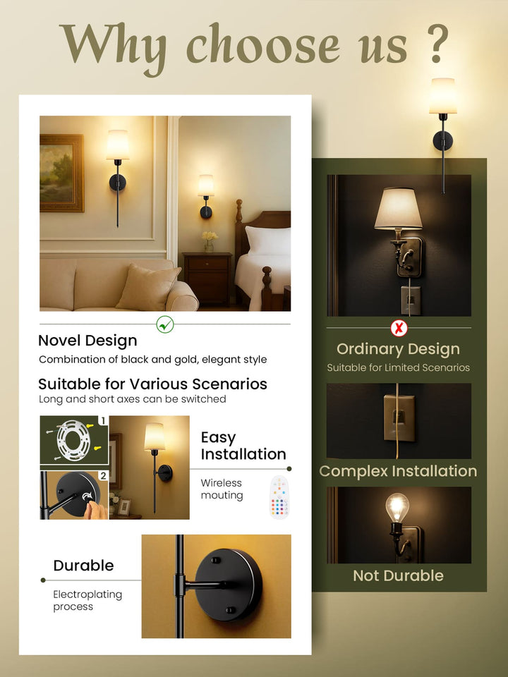 Rechargeable RGB Wall Sconces with Fabric Shades, Set of 2