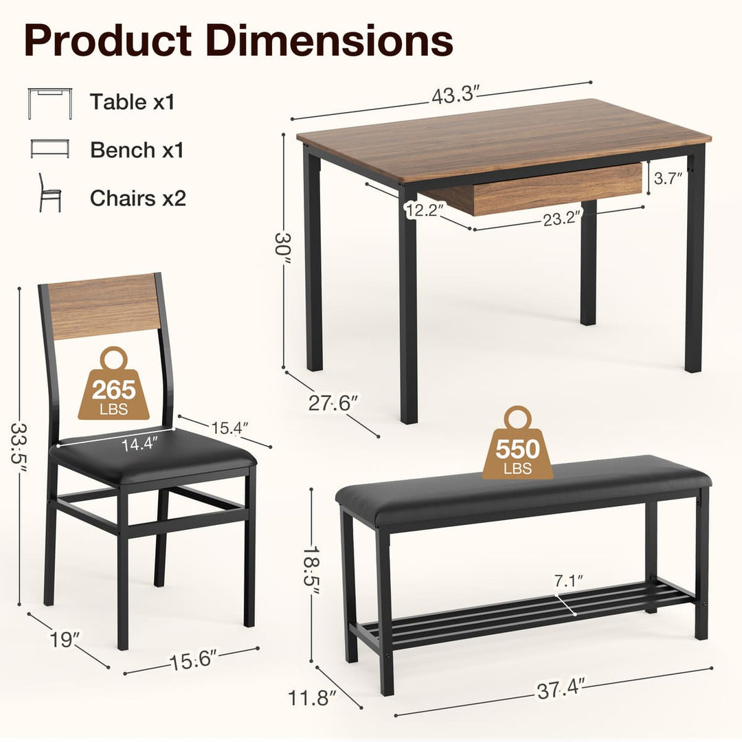 Indoor Dining Set with Bench, 4-Piece