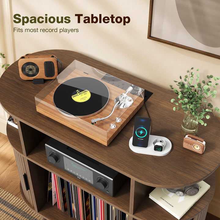 Curved Fluted Record Player Stand with Vinyl Storage