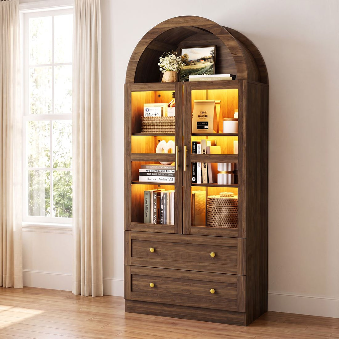 71" Arched Storage Cabinet with LED Lights & Drawers