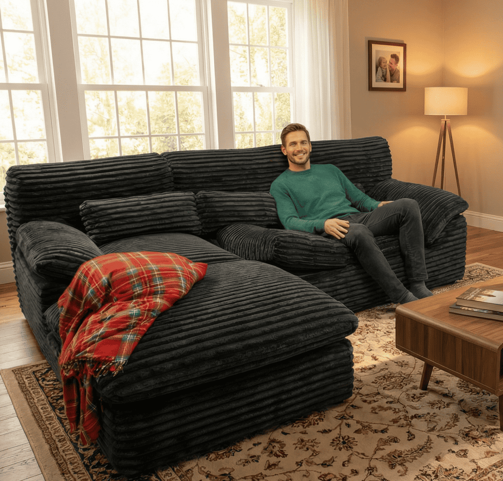 Pamapic 100" Boneless Sectional Couch with Plush Corduroy Fabric, No Assembly Required
