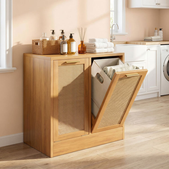 Double Tilt-Out Laundry Hamper with Rattan Doors