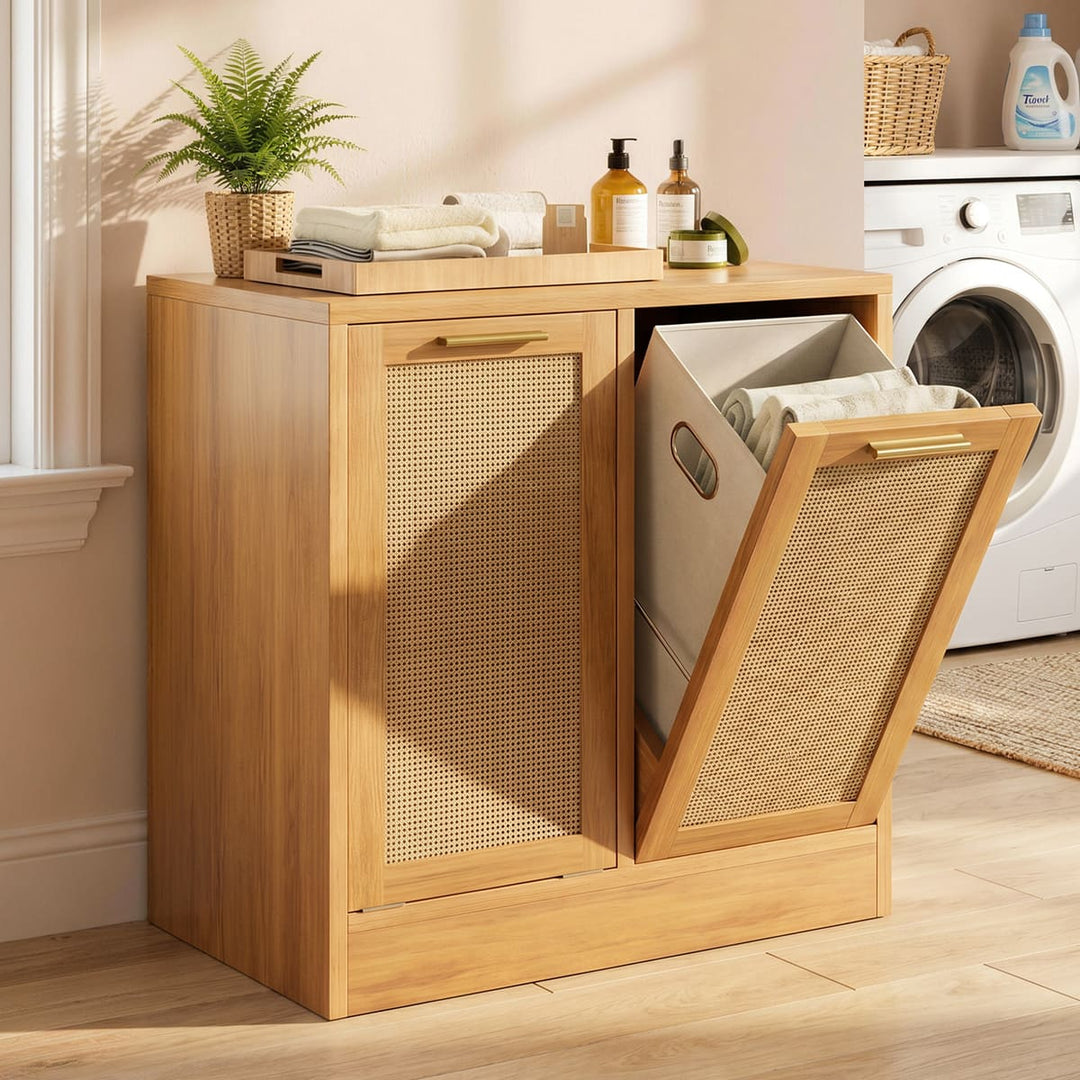Double Tilt-Out Laundry Hamper with Rattan Doors