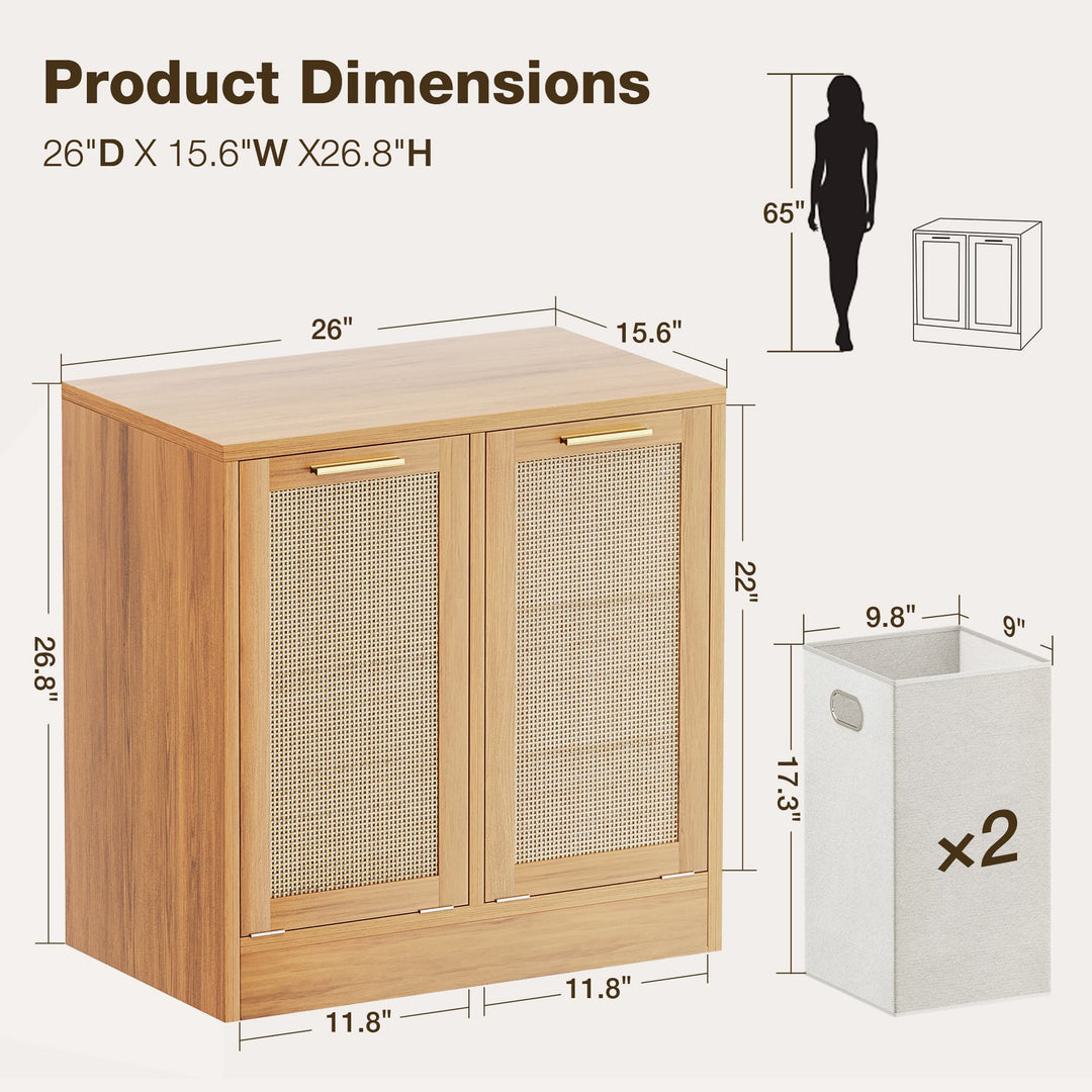 Wooden cabinet with dimensions labeled, including a laundry basket and person for scale.