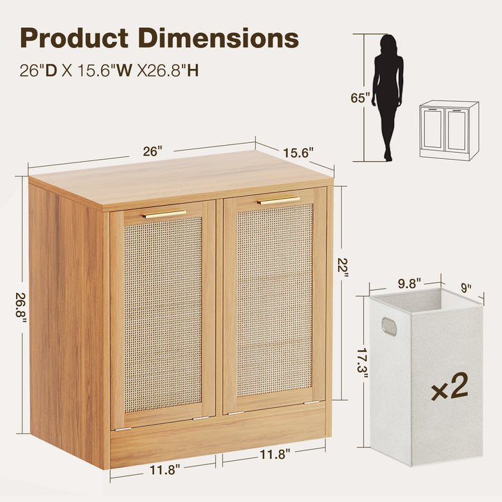 Wooden cabinet with dimensions labeled, including a laundry basket and person for scale.