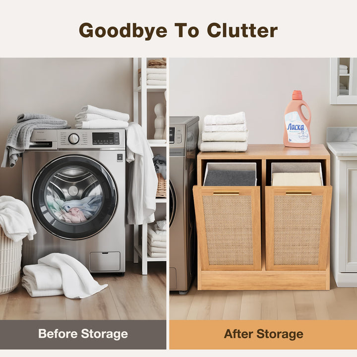 Double Tilt-Out Laundry Hamper with Rattan Doors