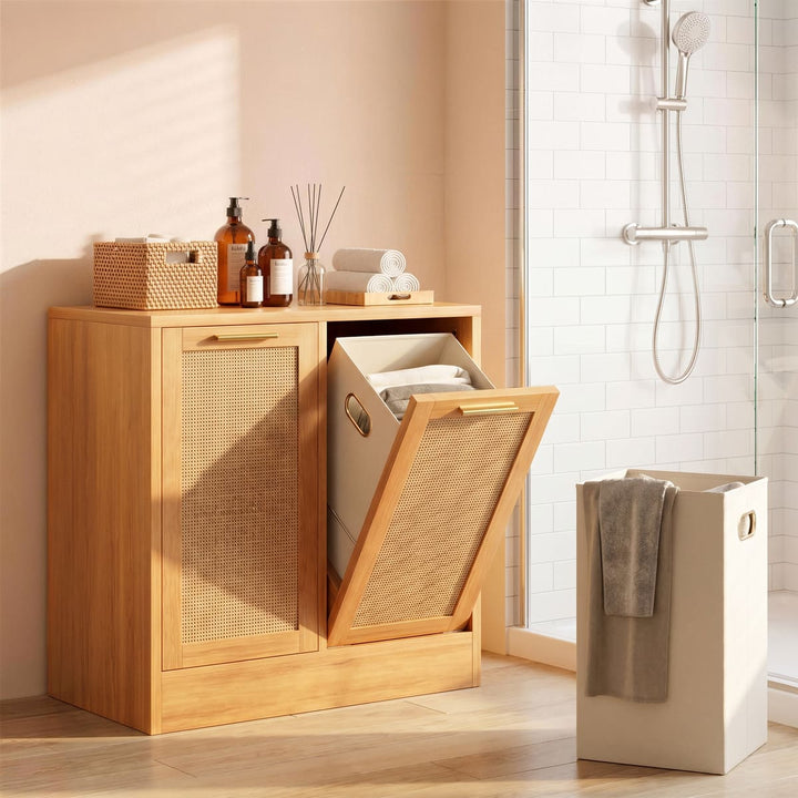 Double Tilt-Out Laundry Hamper with Rattan Doors