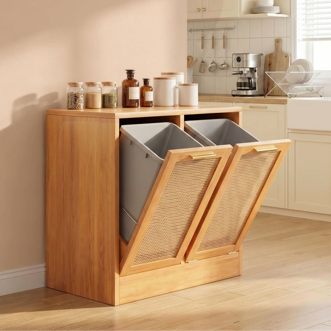 Double Tilt-Out Laundry Hamper with Rattan Doors