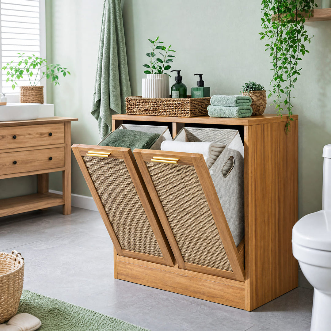 Double Tilt-Out Laundry Hamper with Rattan Doors