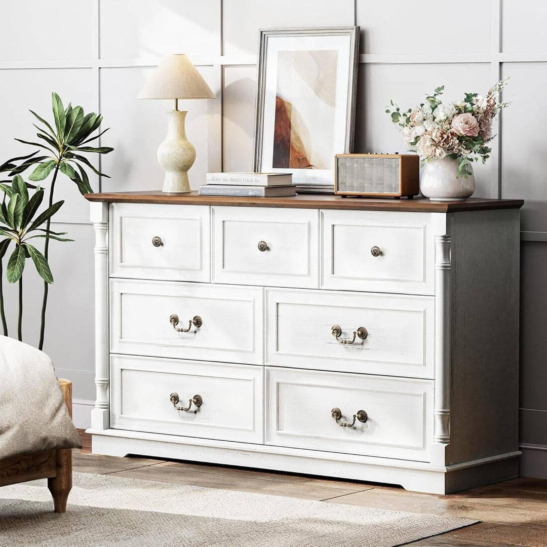 Pamapic 7 Drawer Farmhouse Dressers & Chests for Bedroom, Living Room, Hallway (White)