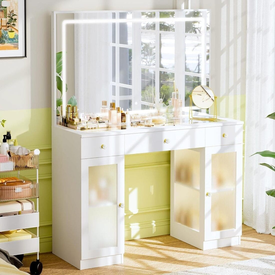 Pamapic Makeup Vanity with Lighted Mirror, Glass Top Vanity Desk with Power Outlet, 3-Drawer White Vanity, Makeup Table with 3 Color Modes Adjustment Pamapic Makeup Vanity with Lighted Mirror, Glass Top Vanity Desk with Power Outlet, 3-Drawer White Vanity, Makeup Table with 3 Color Modes Adjustment