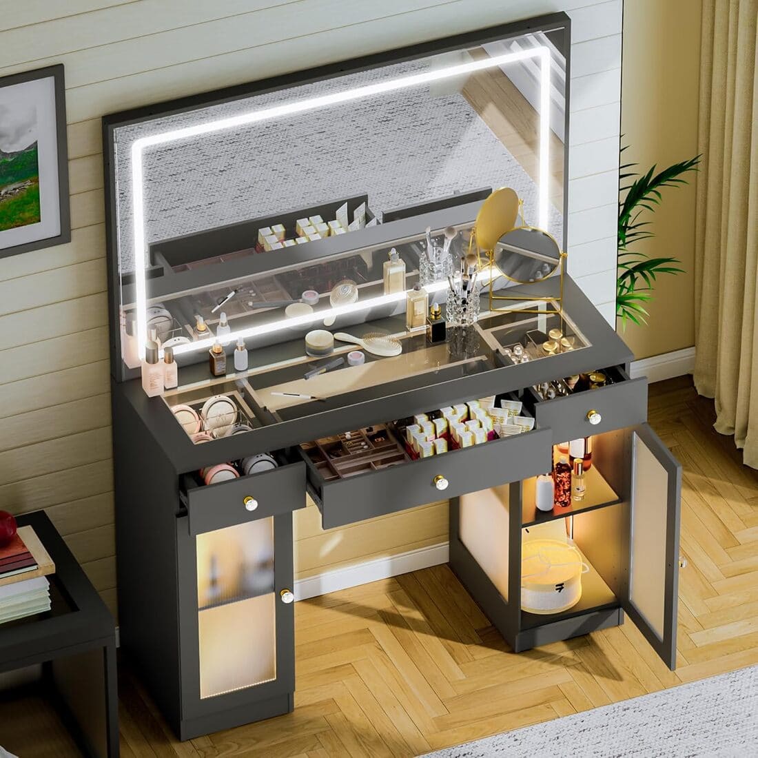 Glass Top Makeup Vanity Desk Clear Cabinets