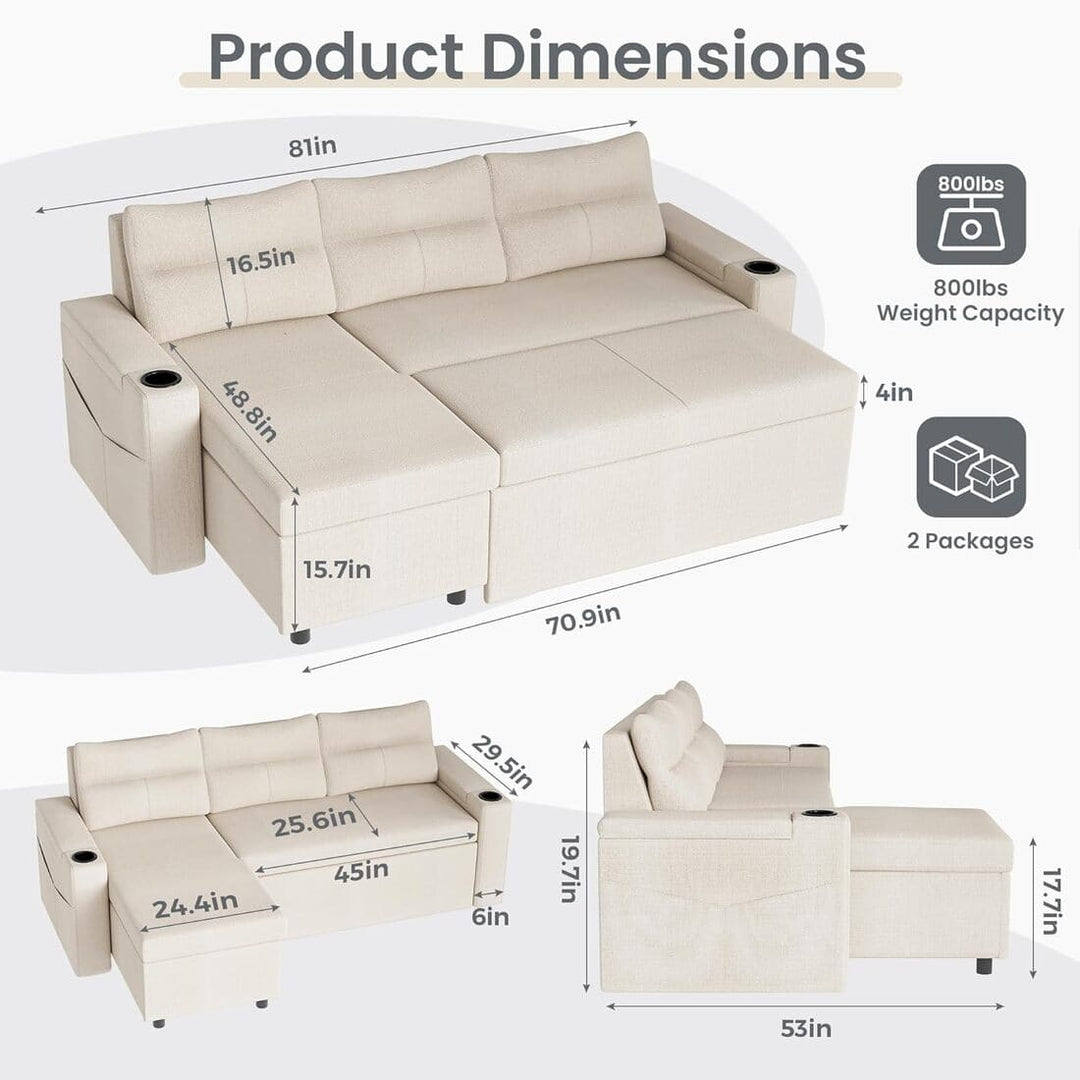 Pamapic L-Shaped Pull Out Sectional Sleeper Sofa with Storage & Supportive Cushions