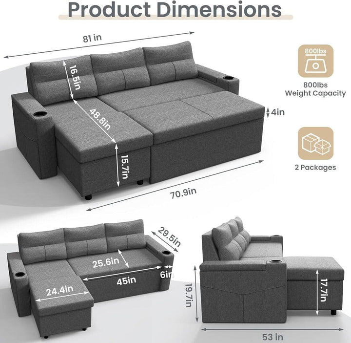 Pamapic L-Shaped Pull Out Sectional Sleeper Sofa with Storage & Supportive Cushions
