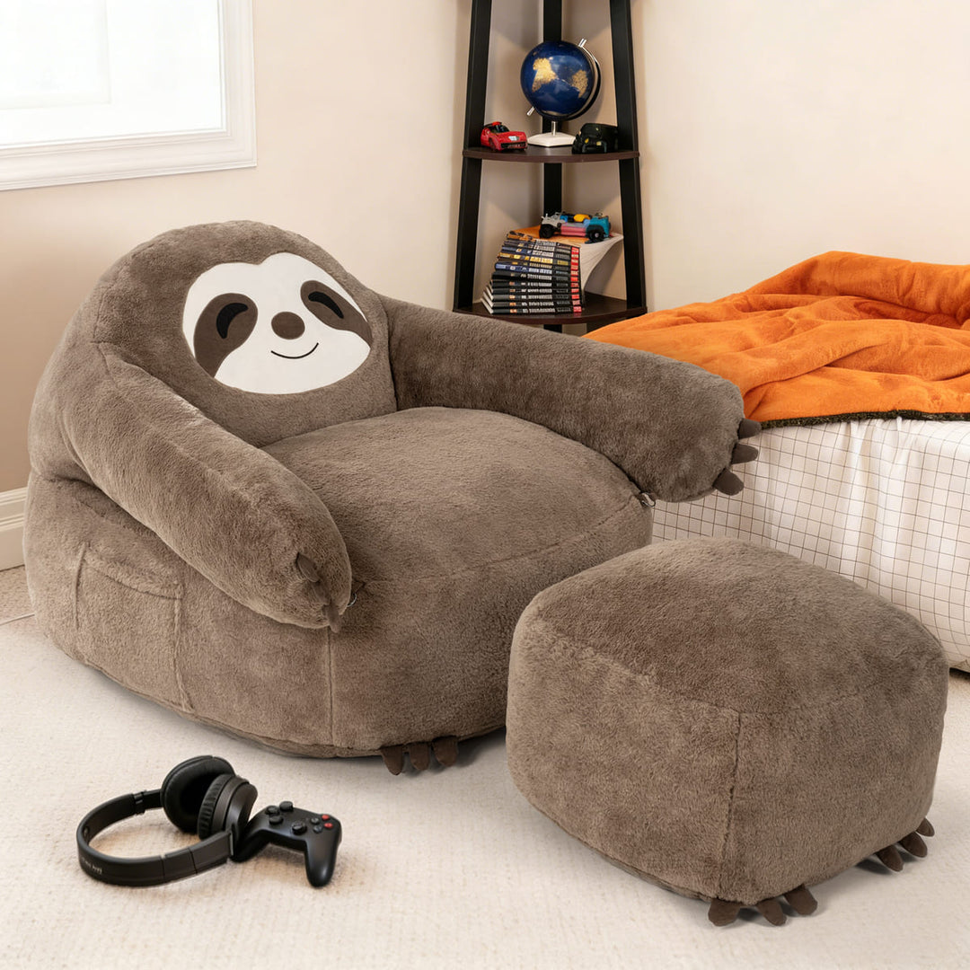 Sloth-shaped bean bag chair with ottoman in a room setting