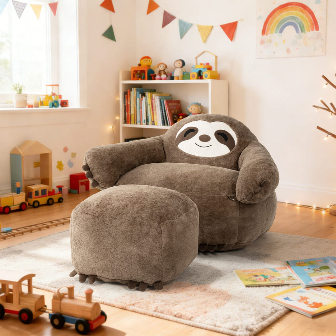 Children's room with a sloth-shaped chair and ottoman.