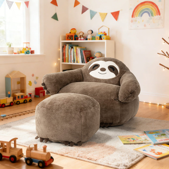 Children's room with a sloth-shaped chair and ottoman.