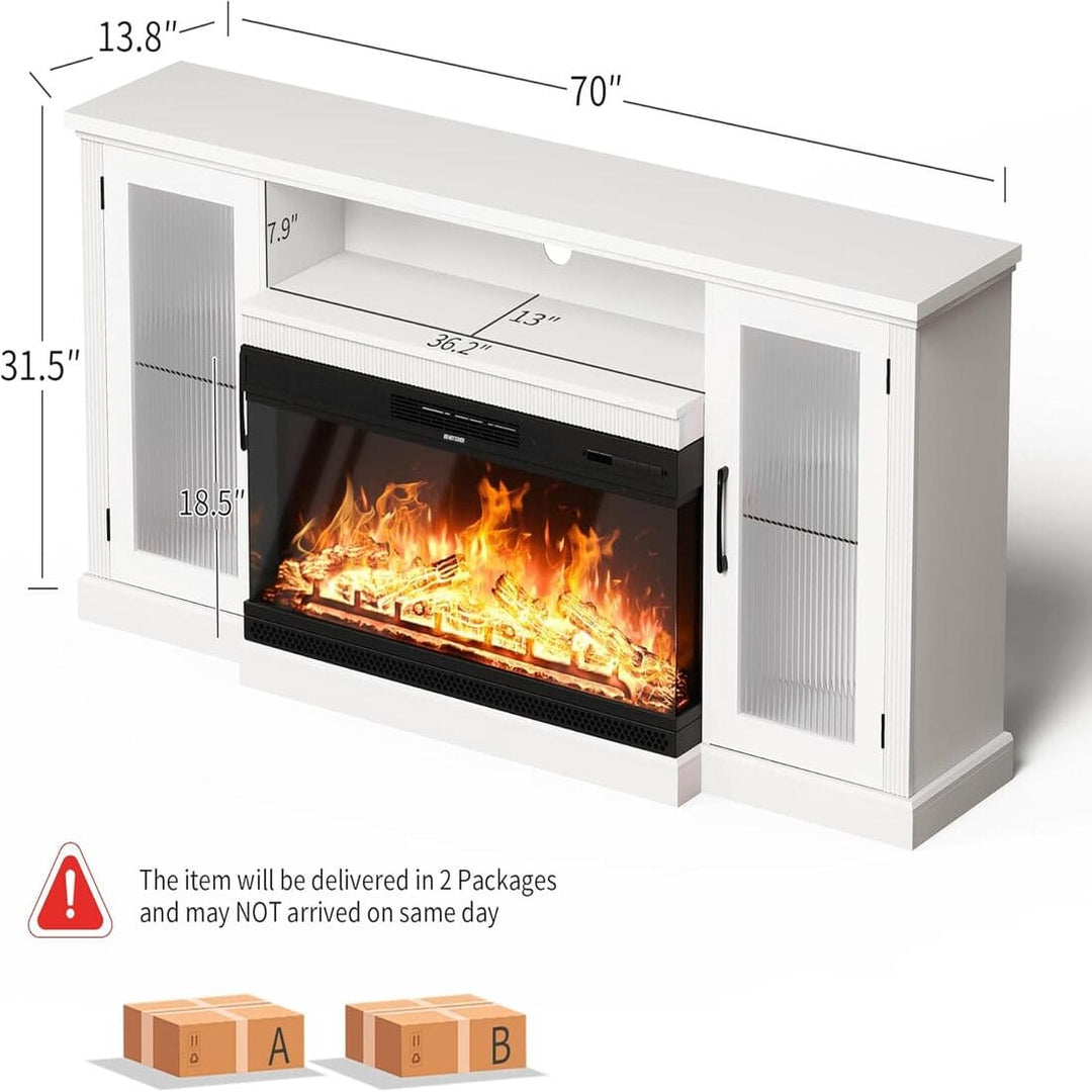 Pamapic 3-Sided Glass Fireplace TV Stand with 12-Color LED & Stripe Glass Door