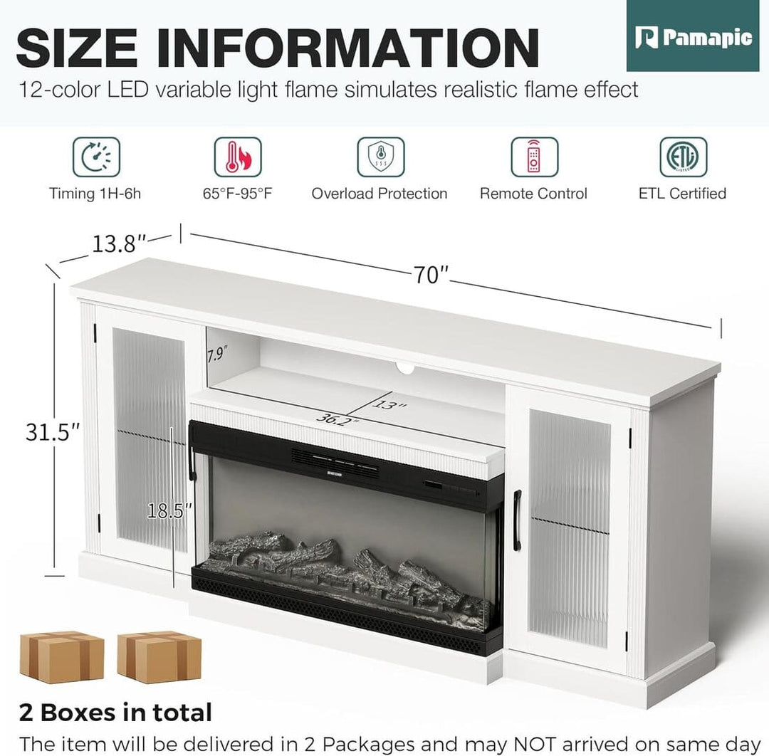 Pamapic 3-Sided Glass Electric Fireplace TV Stand with 12-Color LED & Stripe Glass Door