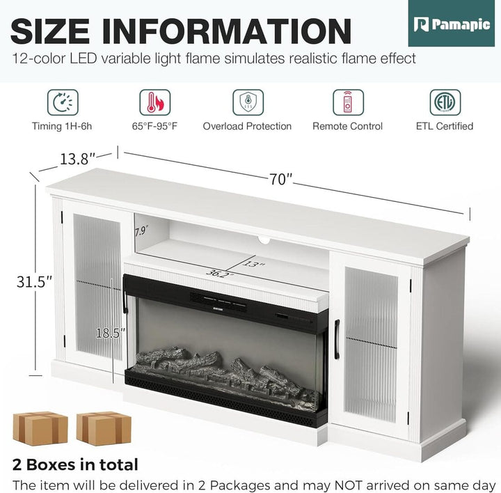 Pamapic 3-Sided Glass Electric Fireplace TV Stand with 12-Color LED & Stripe Glass Door