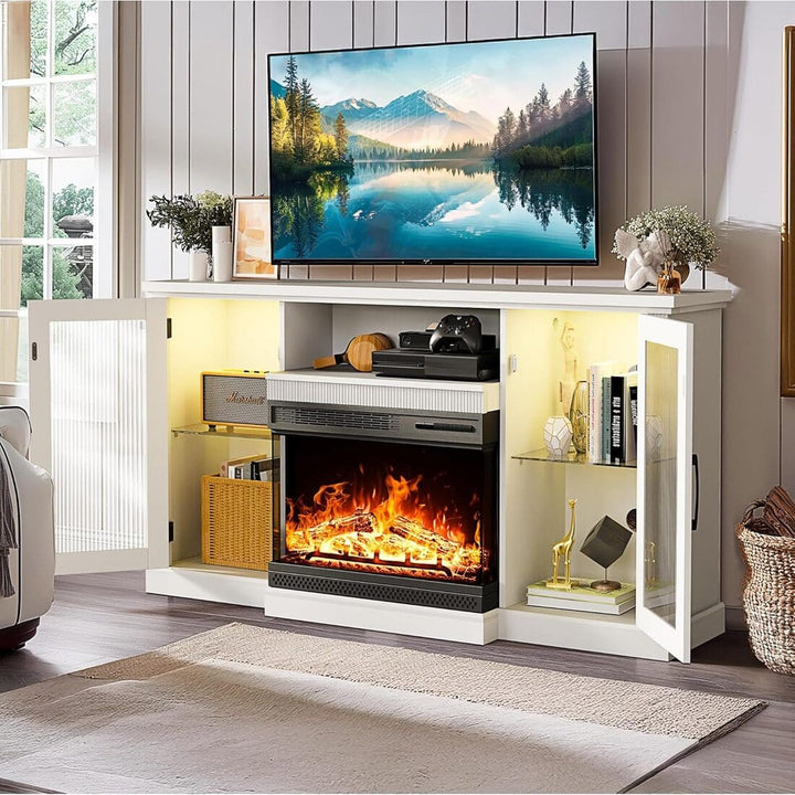 Pamapic 3-Sided Glass Fireplace TV Stand with 12-Color LED & Stripe Glass Door