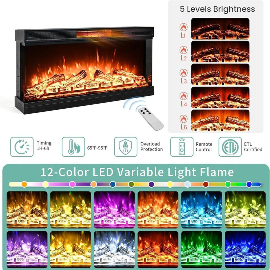 Pamapic 3-Sided Glass Fireplace TV Stand with 12-Color LED & Stripe Glass Door