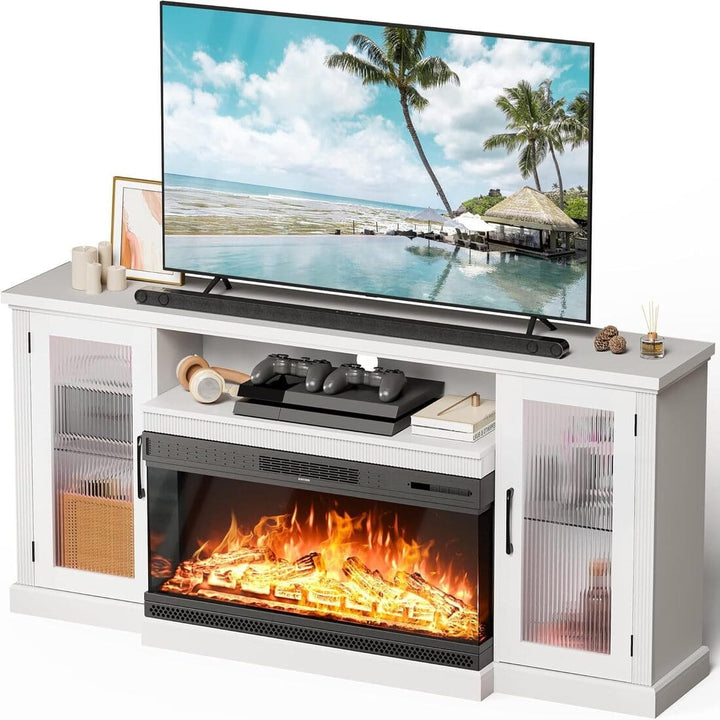Pamapic 3-Sided Glass Fireplace TV Stand with 12-Color LED & Stripe Glass Door
