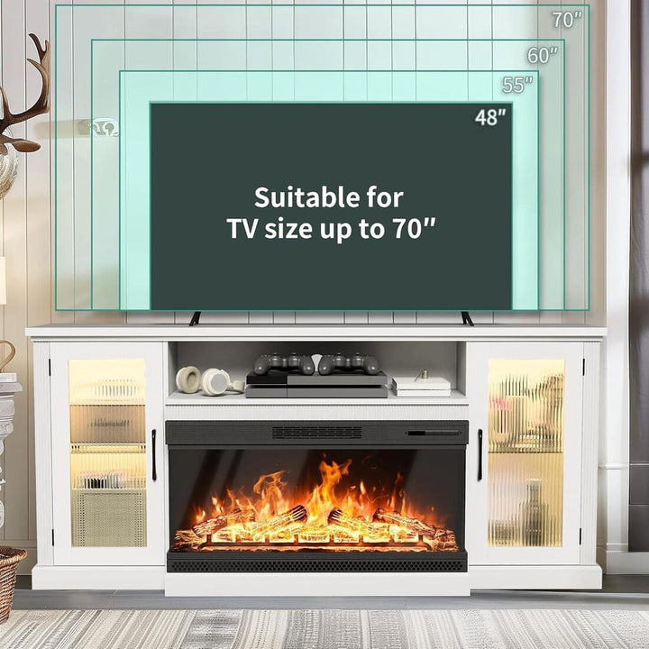 Pamapic 3-Sided Glass Fireplace TV Stand with 12-Color LED & Stripe Glass Door