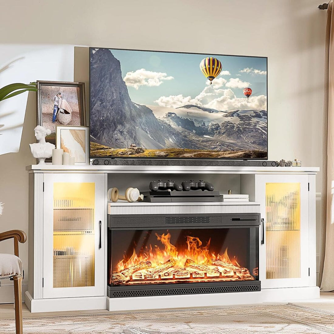 Pamapic 3-Sided Glass Fireplace TV Stand with 12-Color LED & Stripe Glass Door