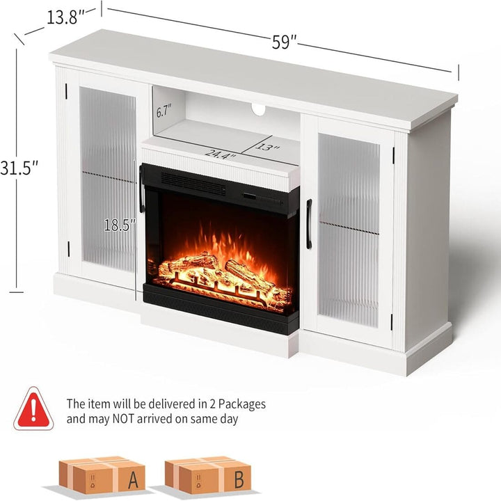 Pamapic 3-Sided Glass Fireplace TV Stand with 12-Color LED & Stripe Glass Door