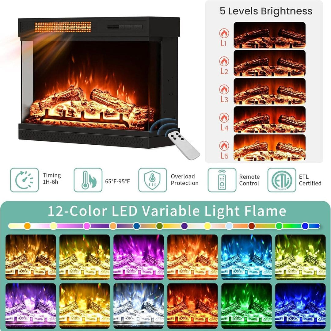 Pamapic 3-Sided Glass Fireplace TV Stand with 12-Color LED & Stripe Glass Door
