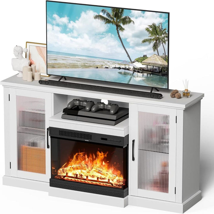 Pamapic 3-Sided Glass Fireplace TV Stand with 12-Color LED & Stripe Glass Door