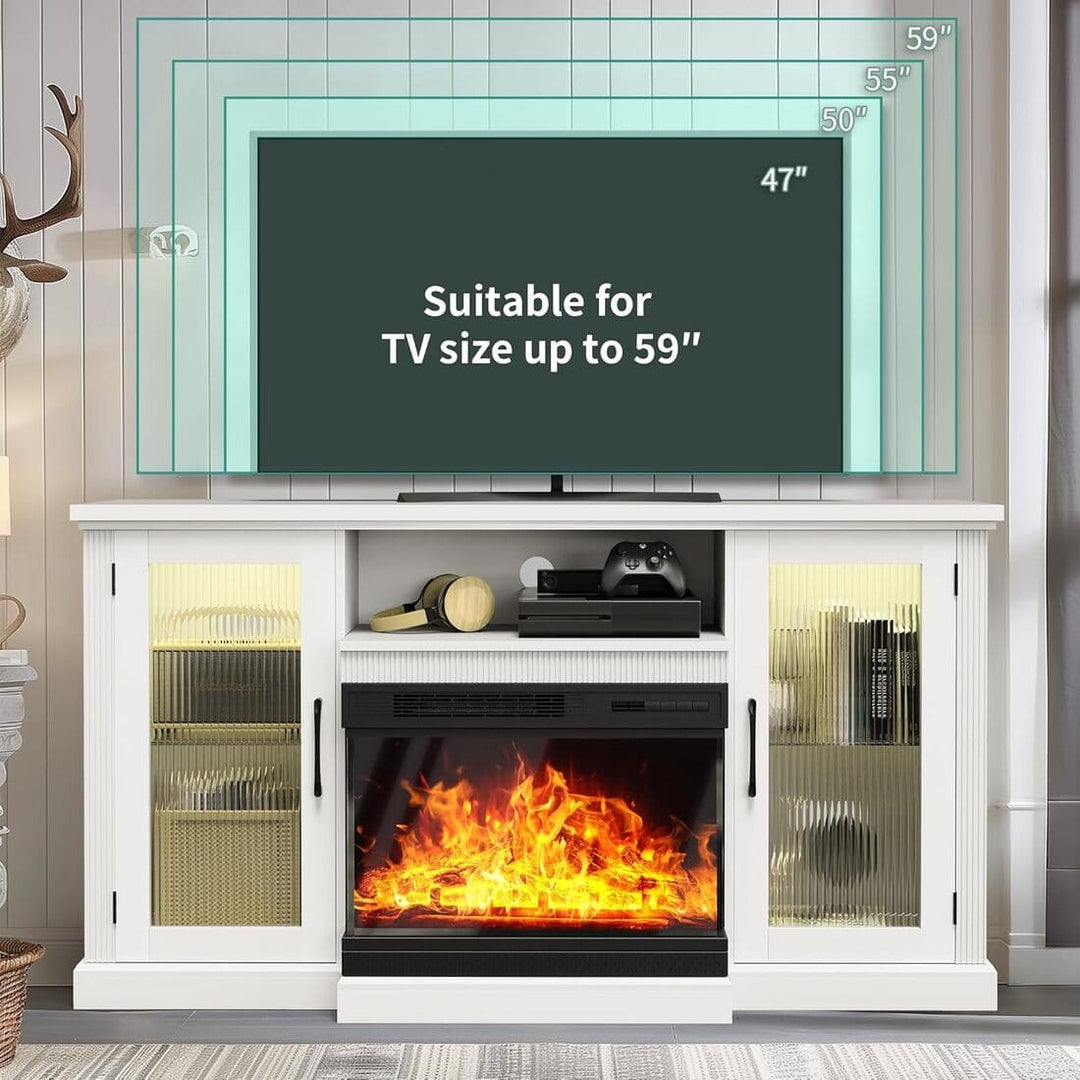 Pamapic 3-Sided Glass Fireplace TV Stand with 12-Color LED & Stripe Glass Door