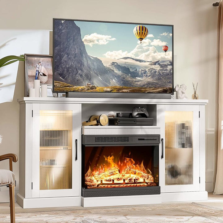 Pamapic 3-Sided Glass Fireplace TV Stand with 12-Color LED & Stripe Glass Door