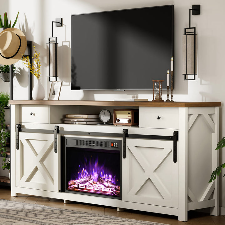 3-Sided Electric Fireplace TV Stand, Farmhouse Entertainment Center with 36" LED Fireplace & Glass Doors for Living Room