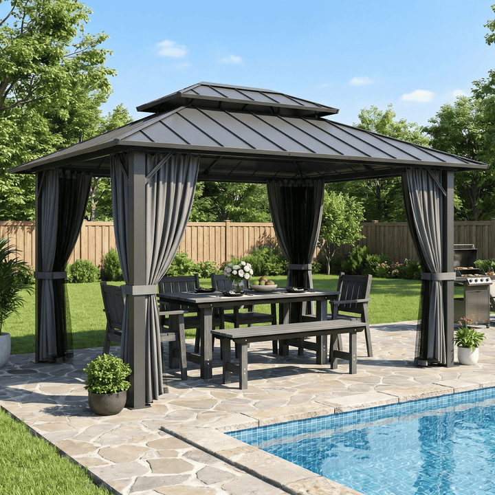 Outdoor gazebo with curtains, table, and chairs near a pool