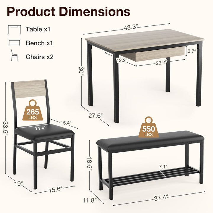 Indoor Dining Set with Bench, 4-Piece