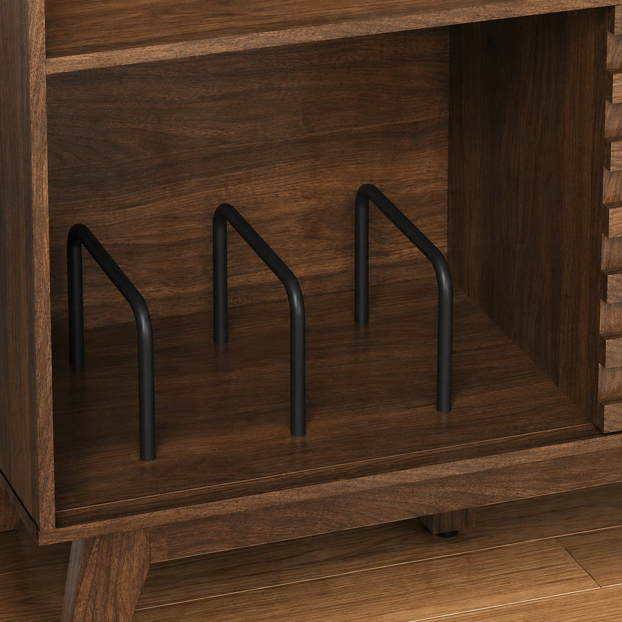 Three black metal wine bottle holders arranged inside a dark brown wooden cabinet or shelf.