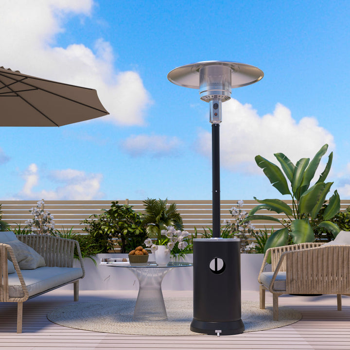 gas patio heater umbrella PAMAPIC 48,000 BTU Patio Heater Propane with Table Design & Wheels, Commercial & Residential Black