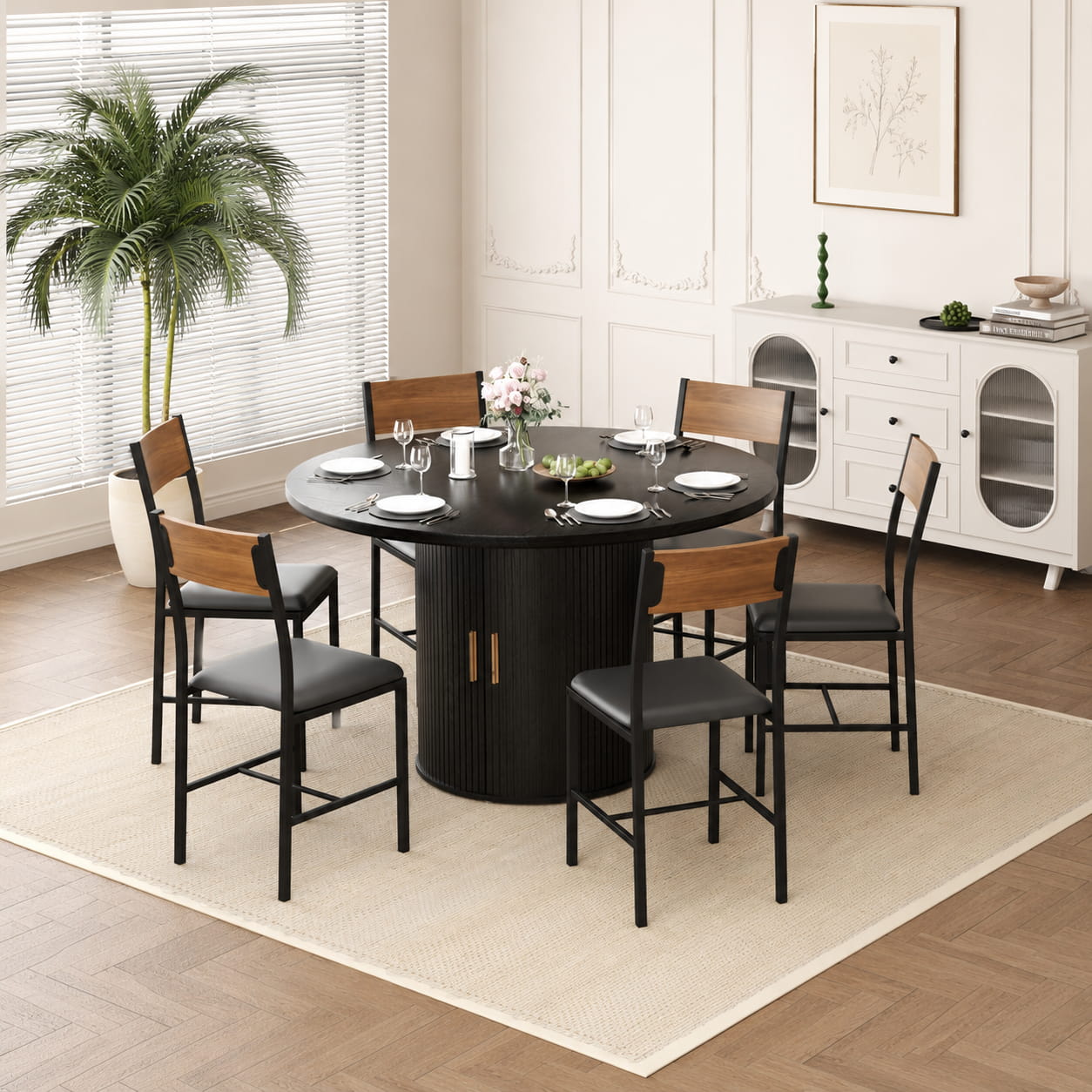 A six-piece counter-height dining set featuring a round black ribbed table and six matching chairs with black seats and wood backs, styled in a bright, modern dining room.