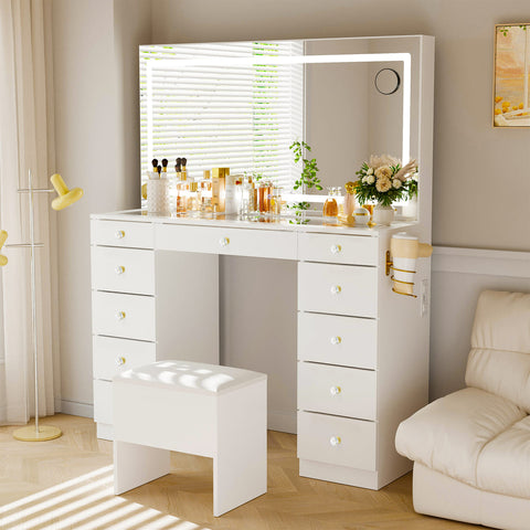 11-Drawer Vanity Desk with Crystal Handles, Glass Top & LED Mirror