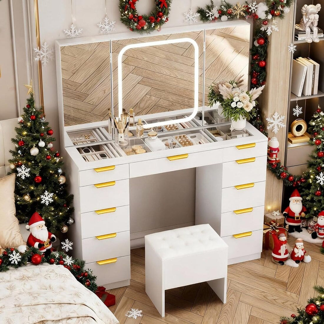 Pamapic Makeup Vanity with Tri-Fold Mirror & 11 Drawers