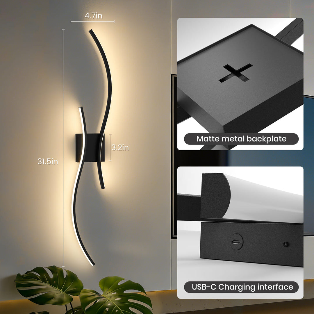 Black Cordless S-Shaped Wall Sconces, Set of 2, 31.5"