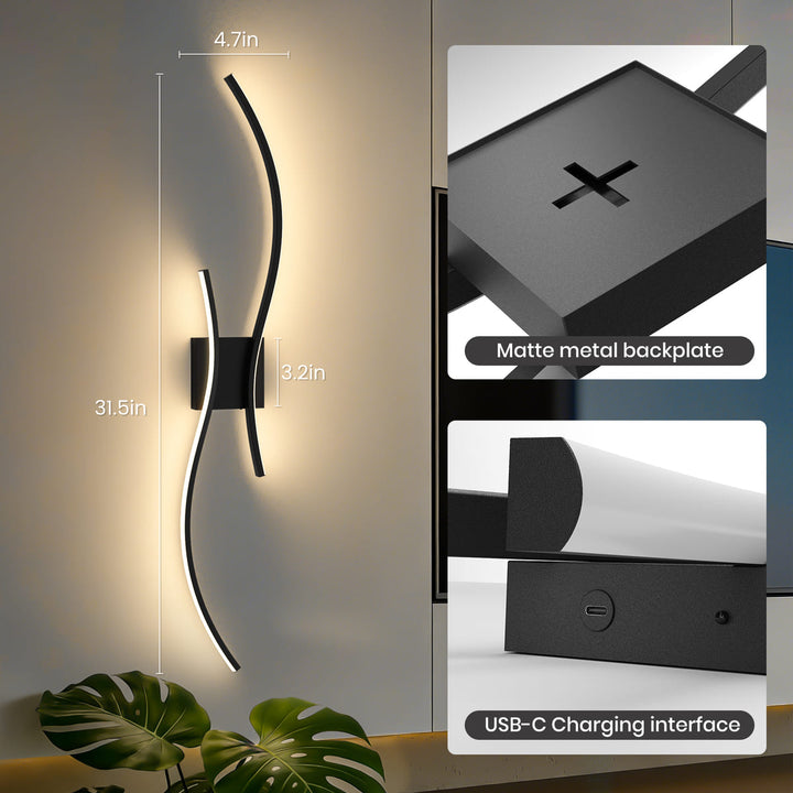 Black Cordless S-Shaped Wall Sconces, Set of 2, 31.5"