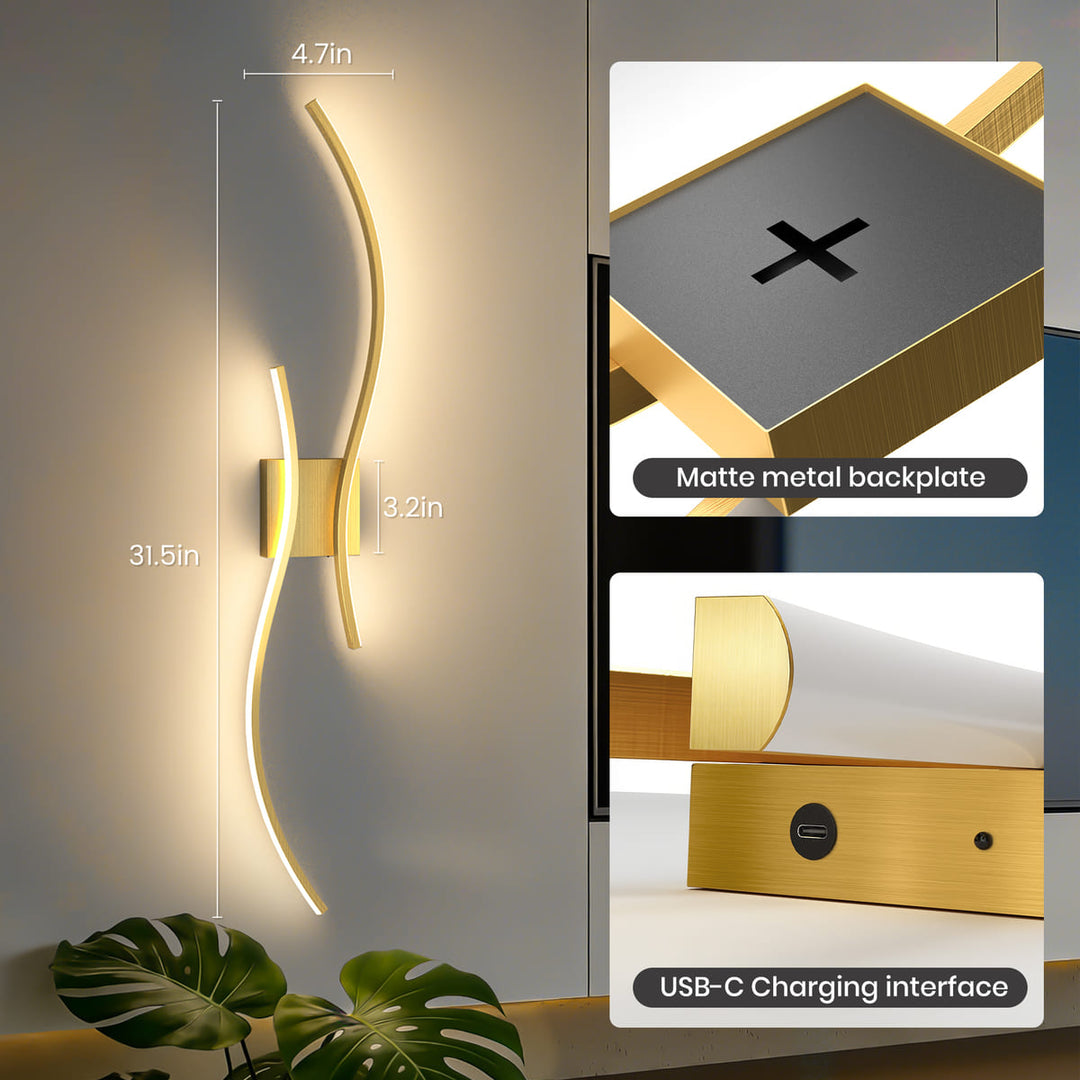 Gold Cordless S-Shaped Wall Sconces, Set of 2, 31.5"