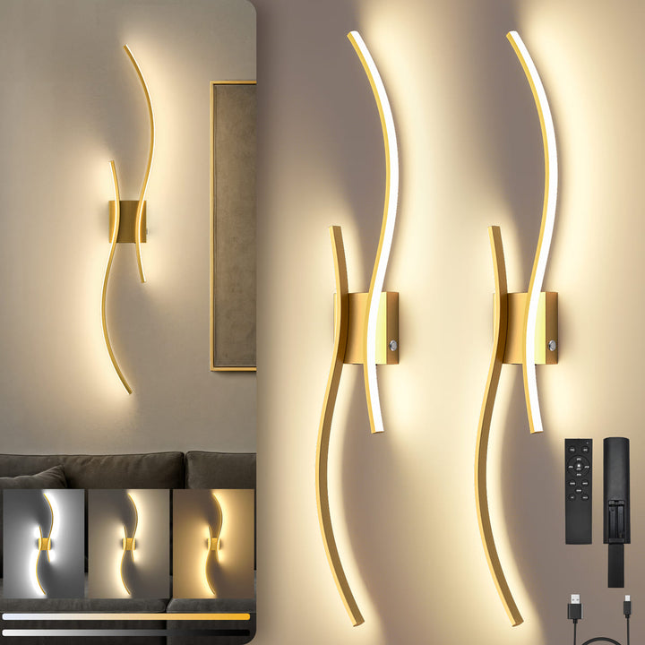 Gold Cordless S-Shaped Wall Sconces, Set of 2, 31.5"
