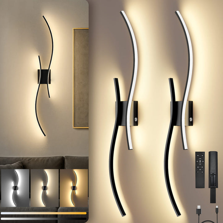 Black Cordless S-Shaped Wall Sconces, Set of 2, 31.5"