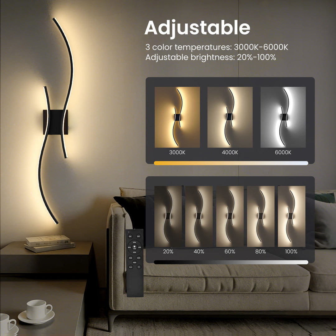 Black Cordless S-Shaped Wall Sconces, Set of 2, 31.5"