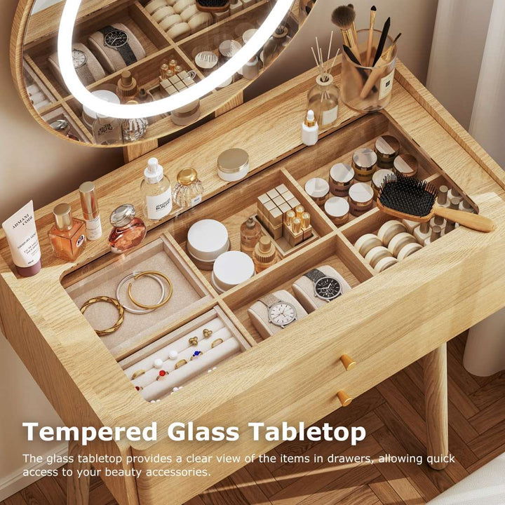 Small Glass-Top Makeup Vanity Desk with Round LED Mirror and Stool